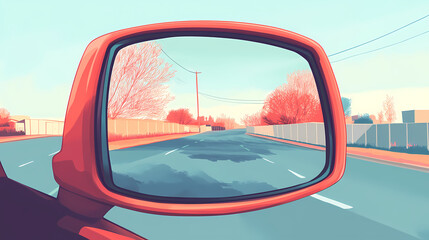 Fototapeta premium Car rearview mirror on urban street. mirrored. illustration. Mirrored - Lake. Illustration