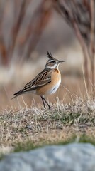 A horned lark sprinting across a cold alpine tundra