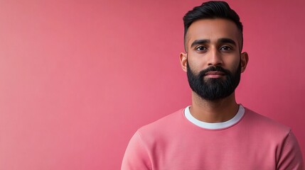 Obraz premium A man with a beard wearing a cozy pink sweater, smiling warmly at the camera.