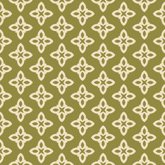 Simple geometric floral ornament. Vector seamless pattern with flower silhouettes. Green and beige abstract background. Elegant retro vintage style texture. Repeated design for decor, textile, print