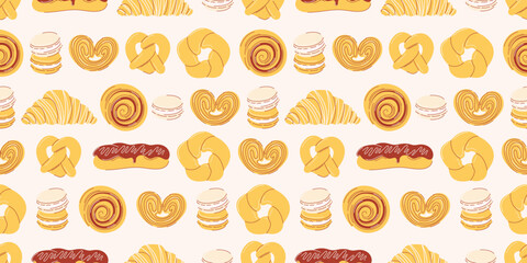 Pastries, baked food and desserts seamless pattern with macarons, eclair, croissant, bagel and pretzel, palmier cookies, cinnamon roll. Vector illustration, flat hand drawn style. Isolated background.