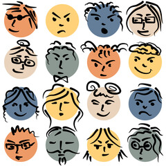 Cartoon faces of different characters people different age, emotion, hairstyle set of stickers icons collection vector illustration on white background 