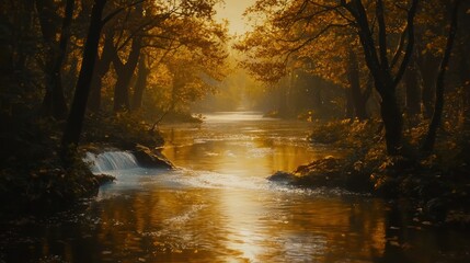 Obraz premium Golden autumn sunlight on a calm river flowing through a misty forest.