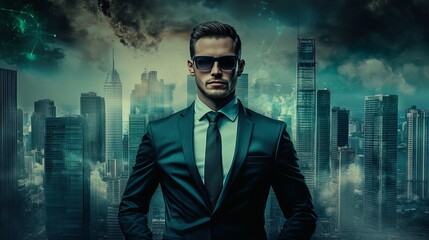 Fototapeta premium Mysterious Confident Man in Suit and Sunglasses Standing Against Futuristic City Skyline