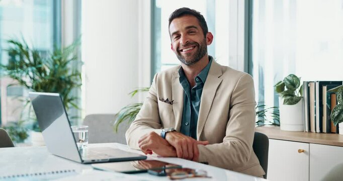 Laptop, face and online with business man in office for client feedback, virtual advisor or news. Research, investment portfolio and tax refund with employee in agency for account admin and report