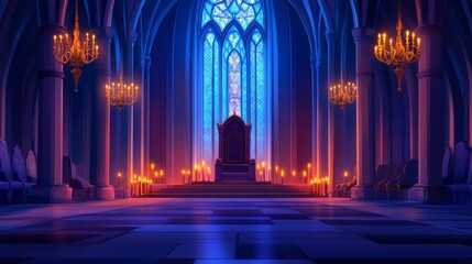Majestic throne room illuminated by candlelight, featuring stained glass and gothic architecture