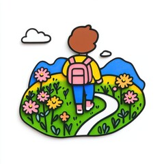 Fototapeta premium Colorful Illustration of a Child Walking on a Path Through Flowers and Mountains in a Scenic Landscape