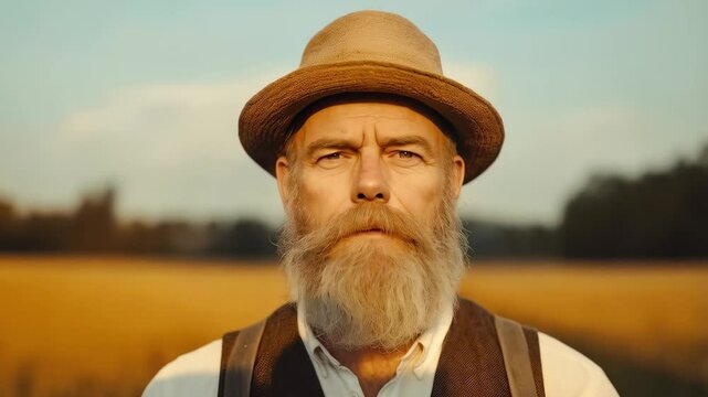Confident Mature Farmer with Beard in Golden Field at Sunset