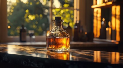 Amber liquid in a glass bottle on a bar counter at sunset.