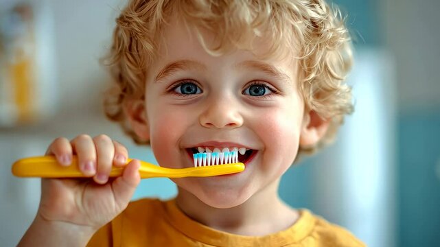 little cute blond boy brushing teeth with toothbrush in bathroom, morning routine, child, kid, toddler, oral health, washing