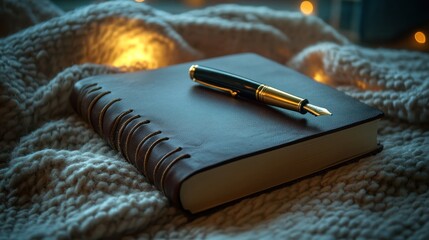 Leather journal and fountain pen on cozy blanket.