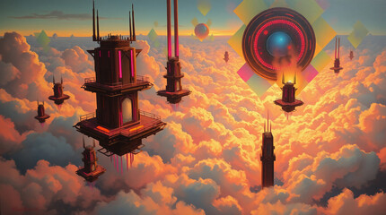 Futuristic Floating City Above the Clouds – Neon Lights and Abstract Geometric Elements in Classic Oil Painting Style