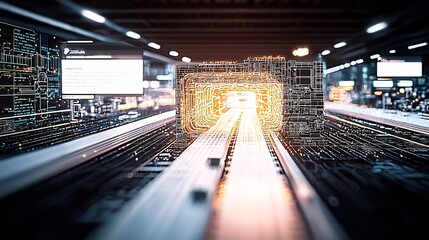 Futuristic digital circuit board with glowing chip and data flow.