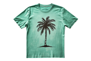T-shirt design featuring a palm tree illustration on a mint green background for casual summer wear