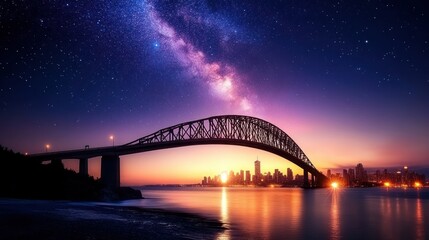 Obraz premium Milky Way over city bridge at dawn