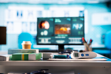 Empty doctor office awaiting a patient visit featuring diagnostic equipment and medical technology, ideal for health check ups and personalized healthcare services. Insurance system. .