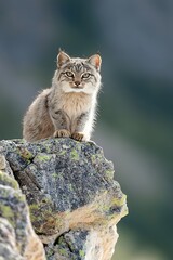 A fluffy Pallas's cat surveying its rugged surroundings