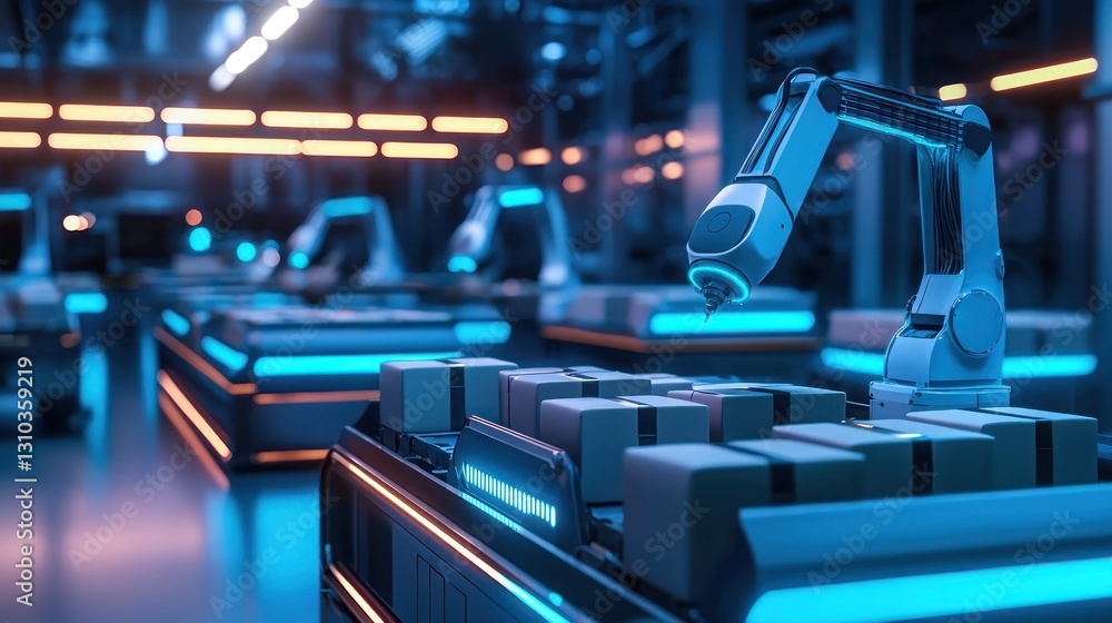 Poster robotic arm sorting packages in automated warehouse.