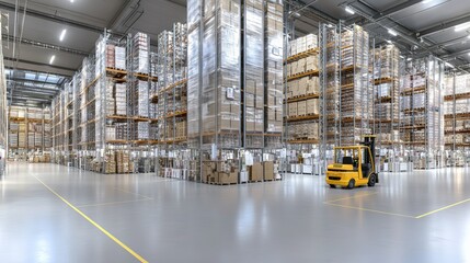 Efficient inventory management large warehouse industrial space organized environment aisle perspective spacious shelving