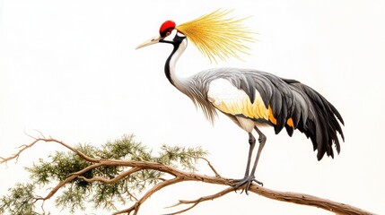 Obraz premium Grey Crowned Crane perched on branch, isolated on white.