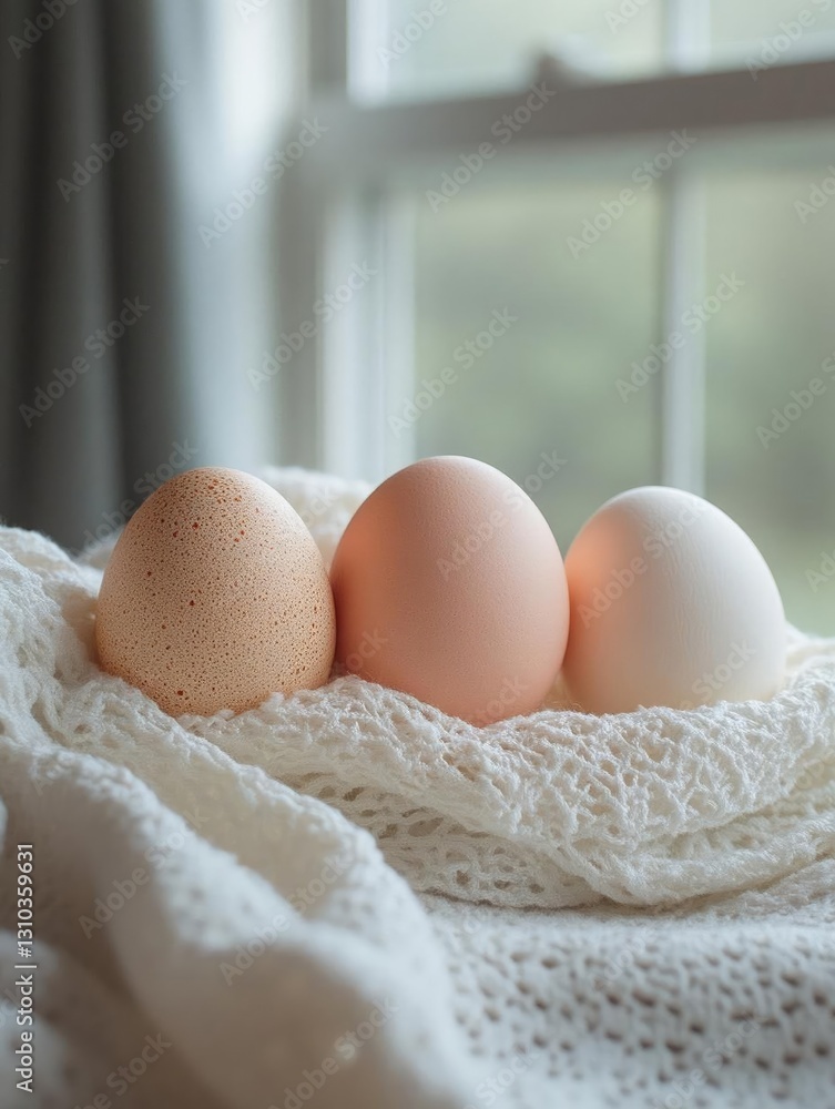 Poster three eggs of varying colors resting on a soft lace fabric near a window with soft light