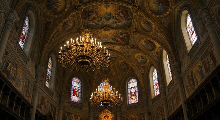 Obraz premium Ornate church chandelier, frescoed ceiling, stained glass