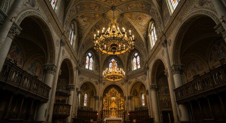Obraz premium Ornate Church Interior, Gilded Chandelier, Stained Glass