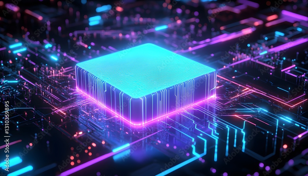 Poster futuristic glowing circuit board with central processor cube