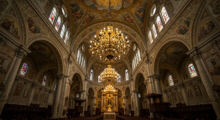 Fototapeta premium Ornate Church Interior, Majestic Chandeliers, Frescoed Dome