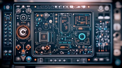 Futuristic digital dashboard with glowing displays and intricate circuitry.