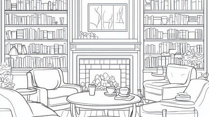 Cozy book-lined library interior scene
