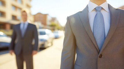 Fototapeta premium Professional Businessmen in Suits Engaged in Street Discussion on a Bright Day, Demonstrating Formal Attire and Urban Environment