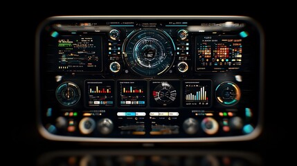 Futuristic digital dashboard with glowing indicators and multiple data displays.