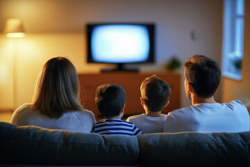 Family watching tv in living room, Parents with two children, screen time concept