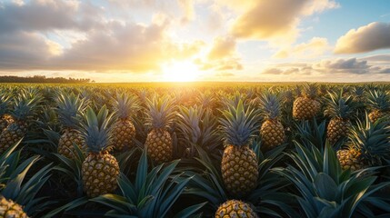 Lush pineapple field at sunrise with golden light illuminating the vibrant greenery and clouds
