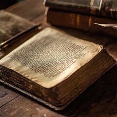 Antique book, open pages, old paper, pen, aged, wooden table, literature, history.