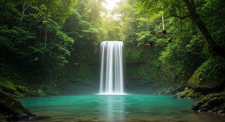 Rainforest Waterfall with Toucans in Flight