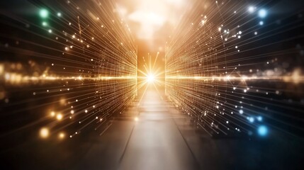 Futuristic digital data center corridor with glowing network connections.