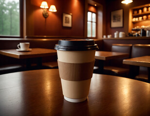 A plastic cup with coffee on a table in a cafe.