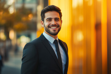 Young smiling business posing confidently, dressed in modern business clothes, against a backdrop of tech city with illuminated office building. Inovation, Startup, Bank, Fintech.
