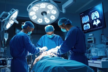 Surgeons performing surgery high-tech operating theatre medical procedure advanced technology close-up view woody concept