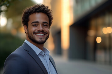 Fototapeta premium Young smiling business posing confidently, dressed in modern business clothes, against a backdrop of tech city with illuminated office building. Inovation, Startup, Bank, Fintech.