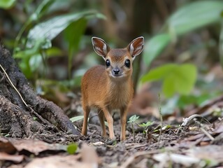 A tiny lesser mouse-deer navigating tangled roots