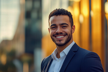 Obraz premium Young smiling business posing confidently, dressed in modern business clothes, against a backdrop of tech city with illuminated office building. Inovation, Startup, Bank, Fintech.