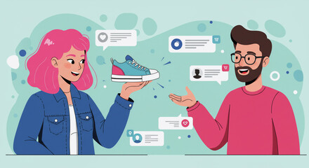 vector of buyers and sellers on social media, online shopping sites, and attractive discounts   