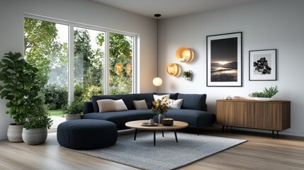 Modern living room corner with garden view, showcasing cozy furnishings and minimalist decor