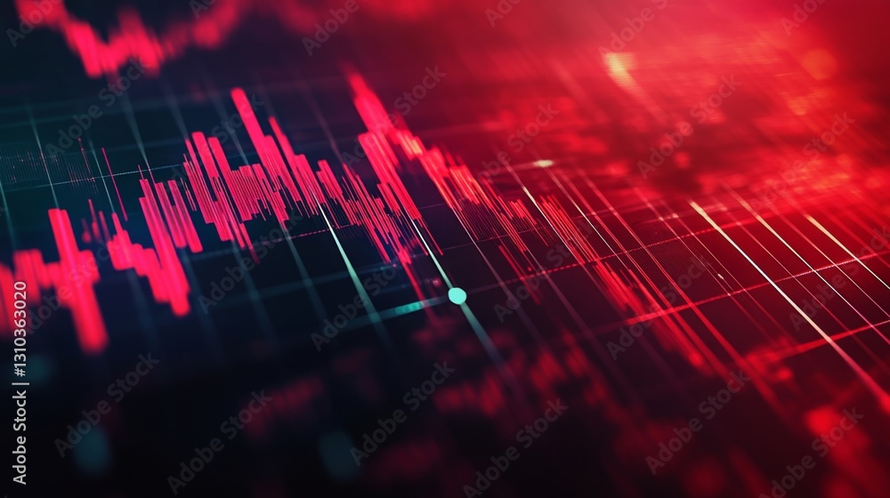 Poster a financial graph showing a downtrend with sharp red lines, signaling a downturn in stocks and econo