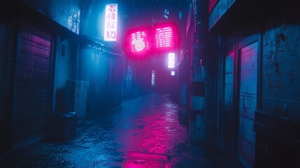 Fototapeta premium Rainy Night Alleyway, Neon Lights, Cyberpunk Cityscape