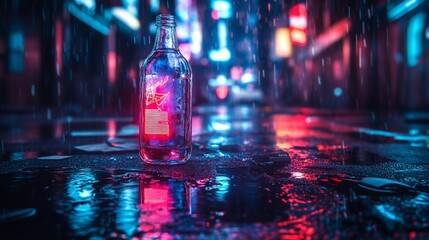 Rainy Night, City Alley, Glass Bottle, Reflection