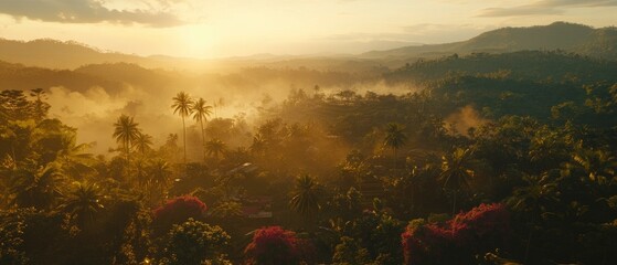 Serene sunrise over a misty tropical landscape with lush greenery and vibrant flowers in the foreground